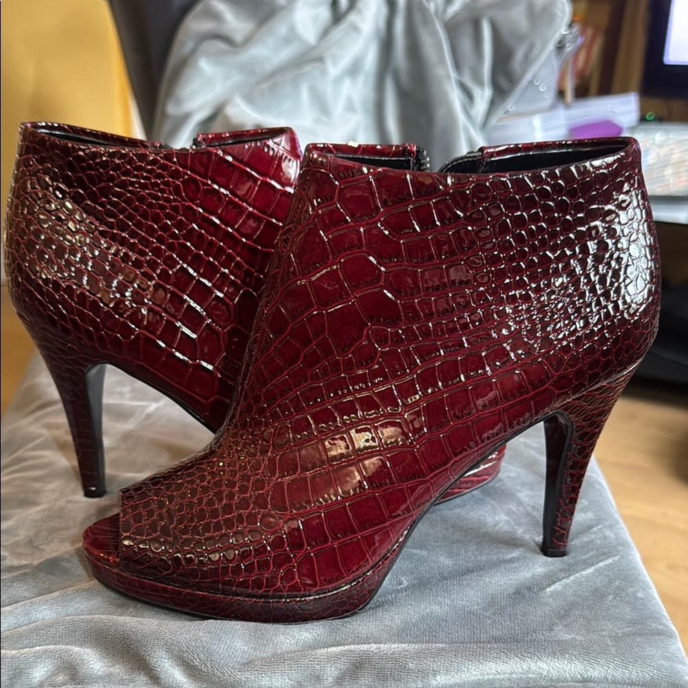 WHBM Burgundy Croc-Embossed Ankle Boots